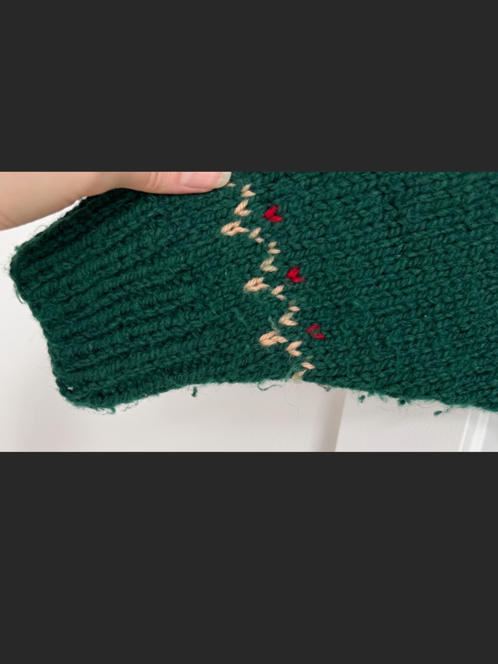 Vintage Hand Knit Duck Sweater Dark Green Chunky Heavyweight Fair Isle Hearts - Picture 14 of 15